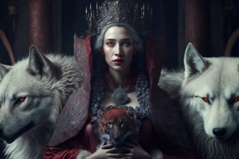 Beauty Queen of Wolves. Generative AI, non-existent person.